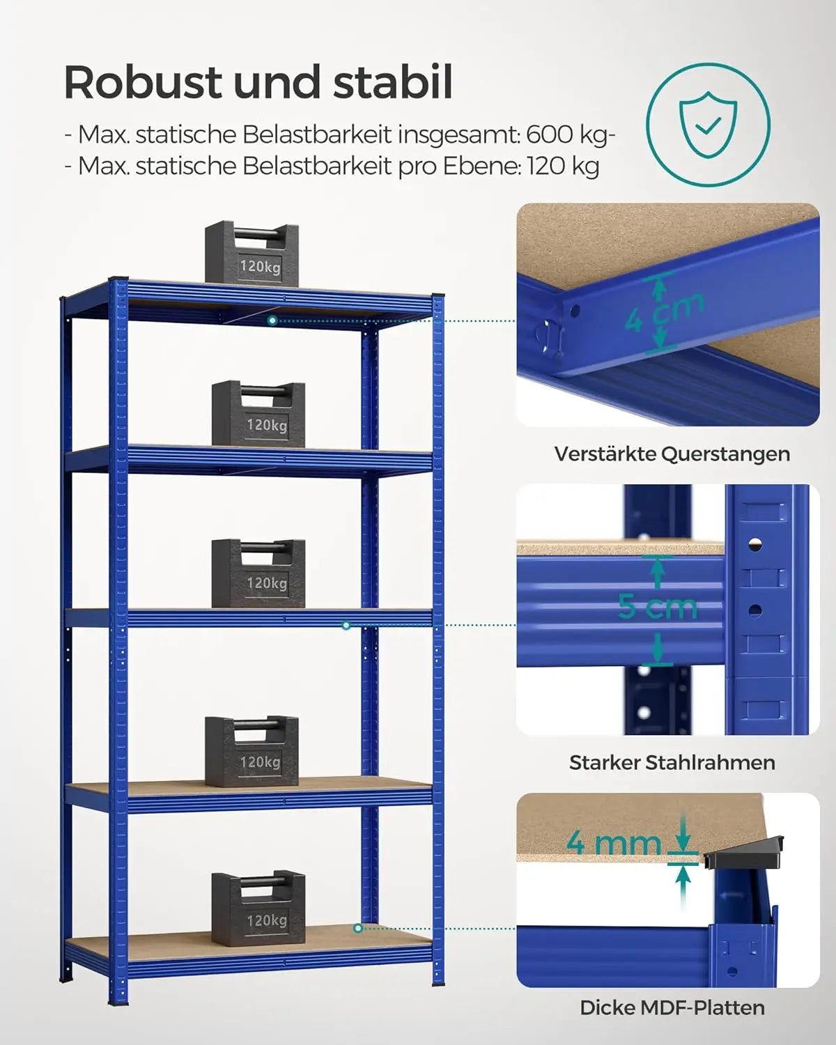 Regal Schwerlast 600kg Stahl 5 Ablagen Blau von Songmics