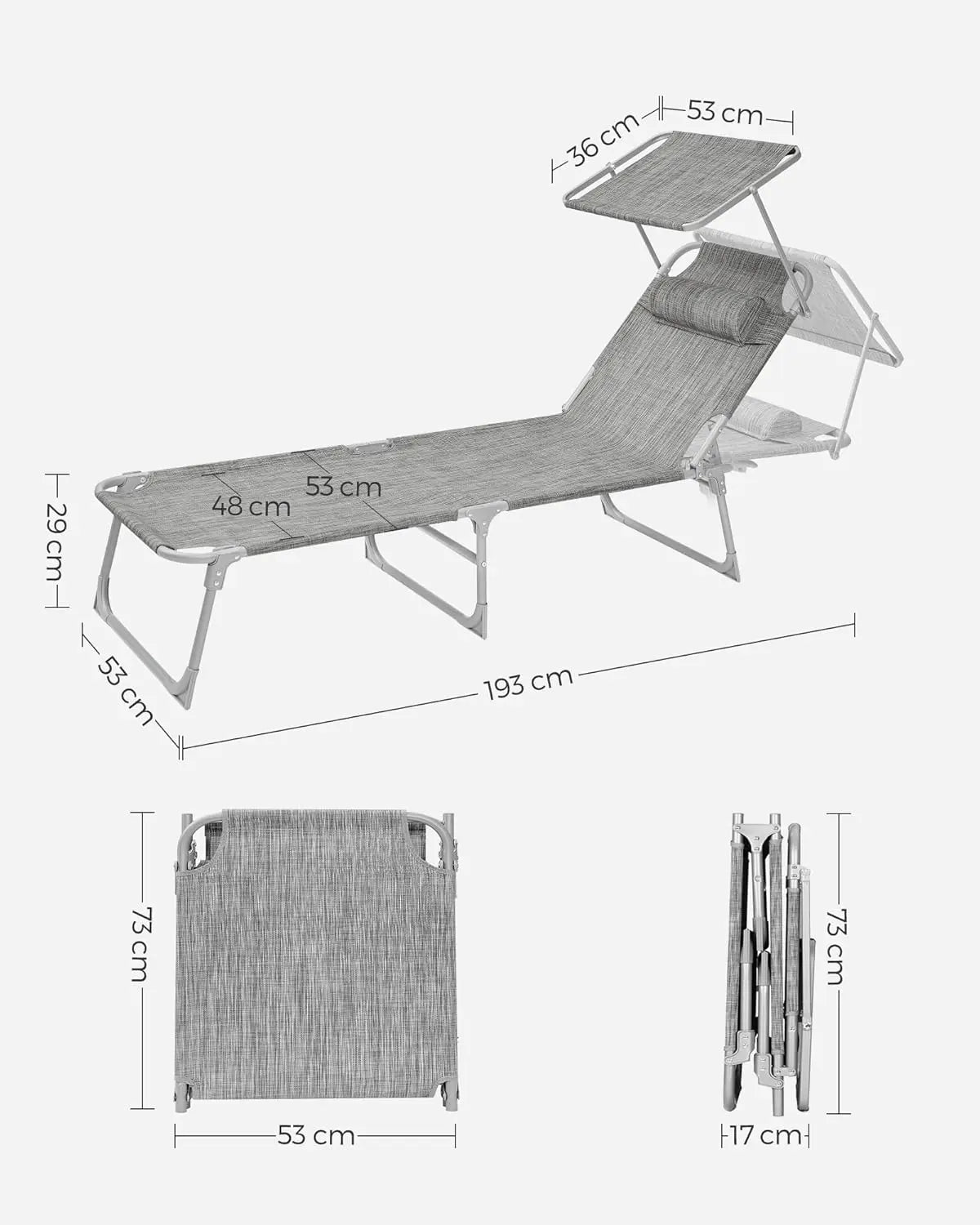 Sonnenliege klappbar 150kg grau meliert Stoff von Songmics