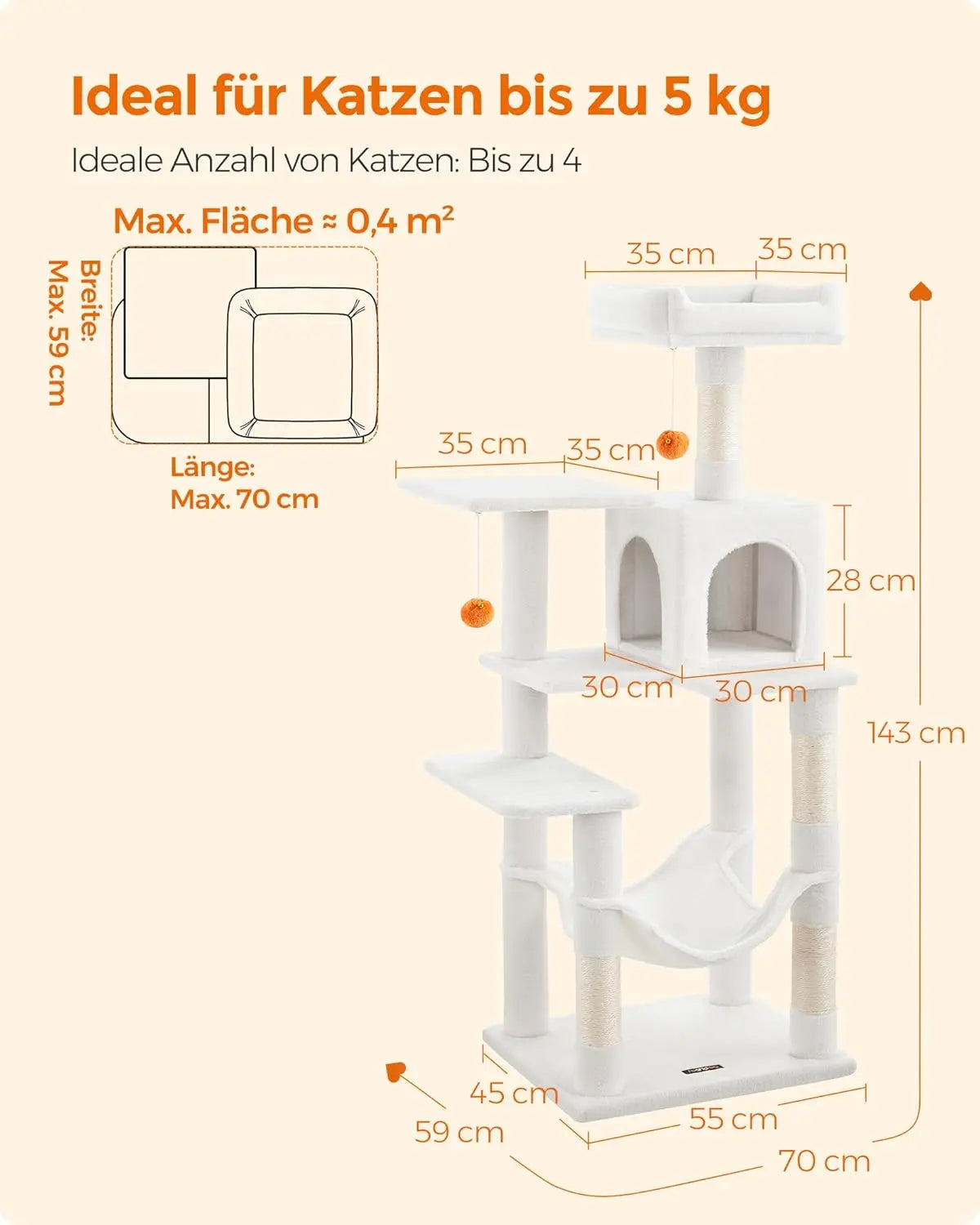 Kratzbaum Katzenhaus mit Hängematte cremeweiss von Songmics