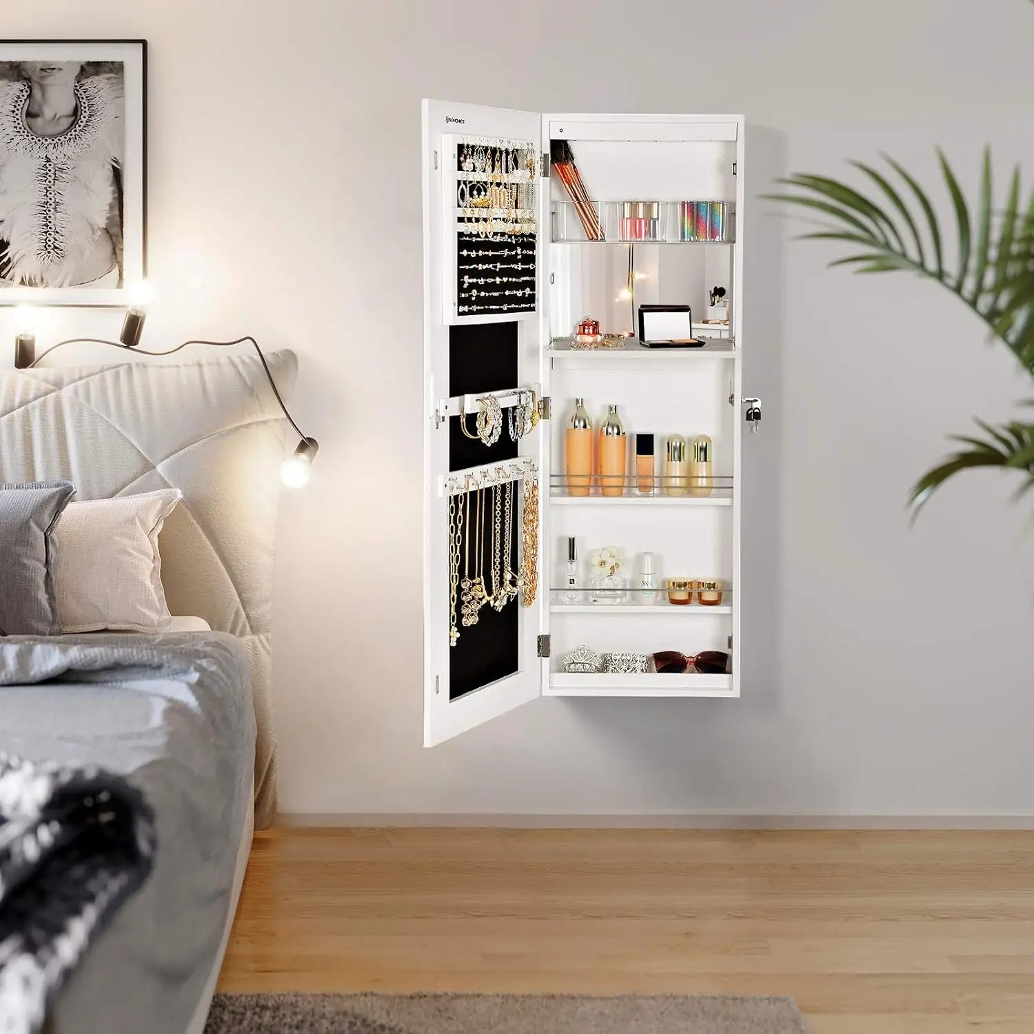 Schmuckschrank Spiegel abschliessbar weiss Holz von Songmics