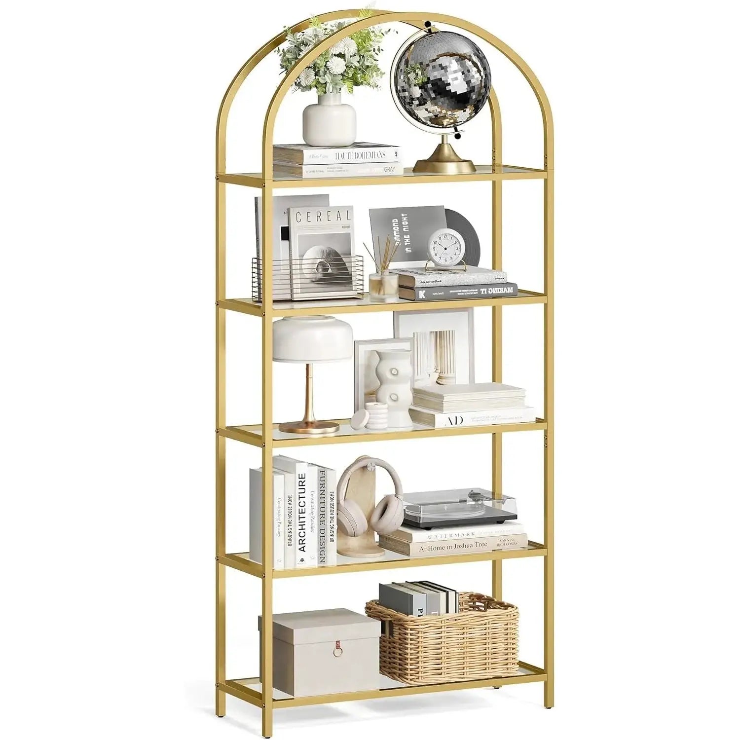 Regal Standregal Hartglas Bogenform Metall Goldfarben von Songmics