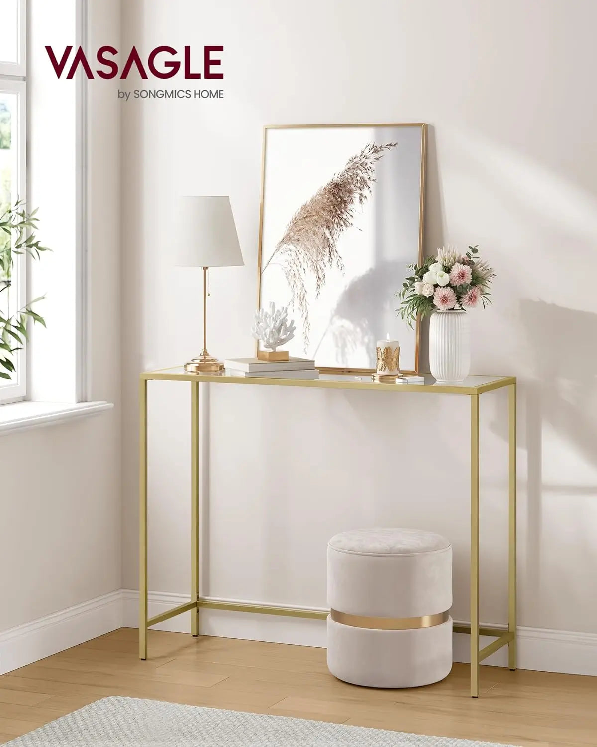 Konsolentisch Hartglas Modern Verstellbar Wohnzimmer Gold von Songmics