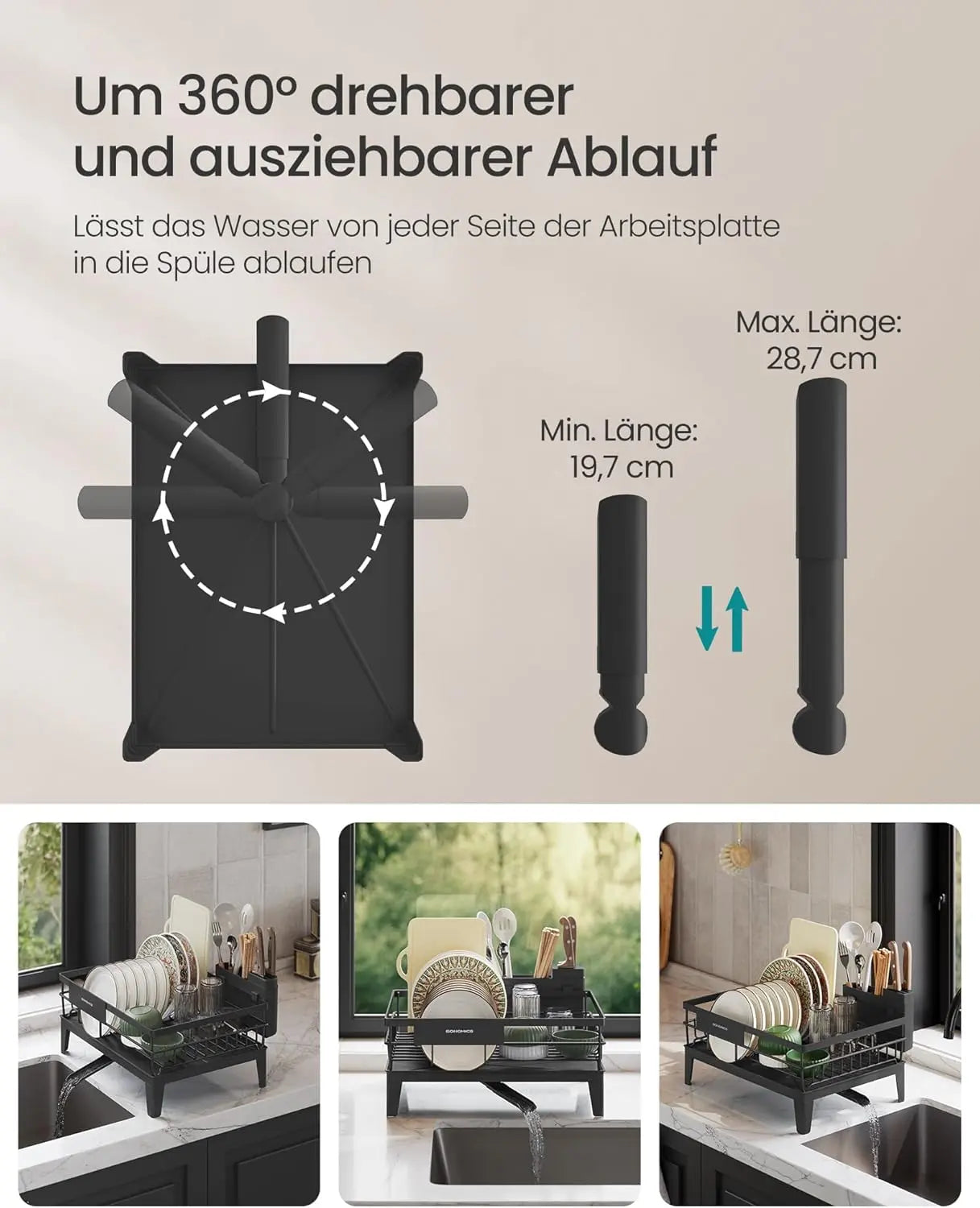 Geschirr-Abtropfgestell drehbar schwarz Kunststoff von Songmics