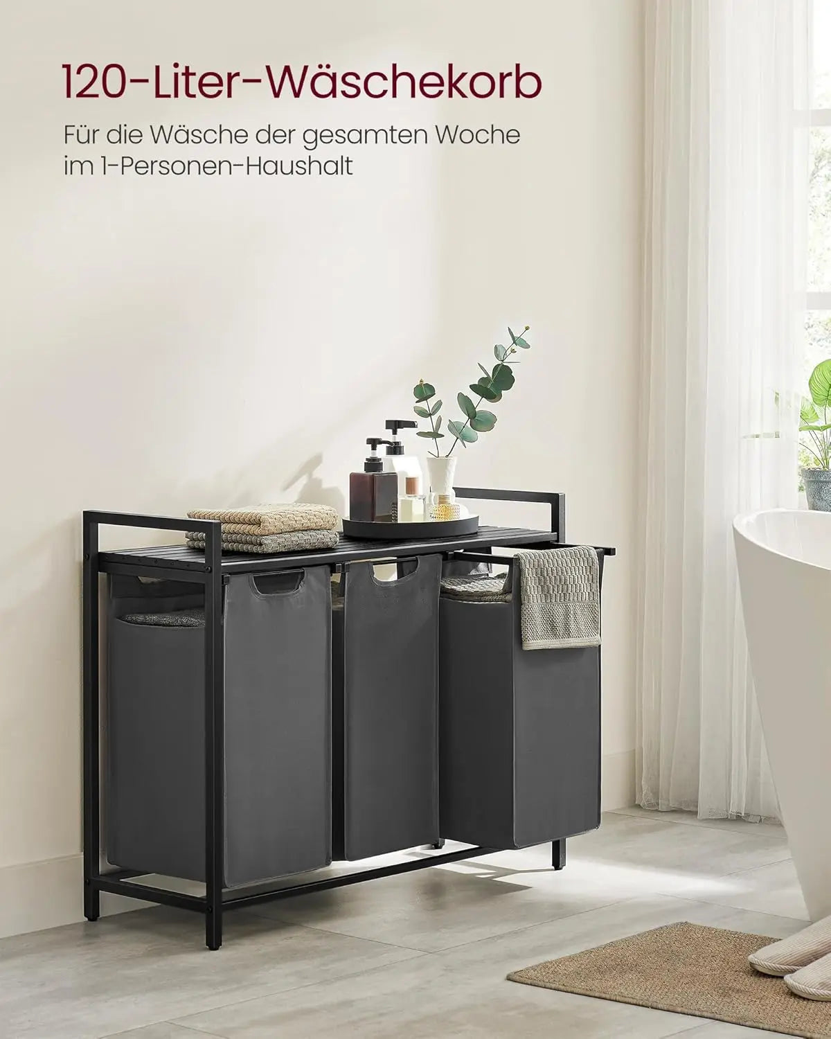 Wäschekorb mit 3 Fächern und Ablage, schiefergrau-anthrazitgrau von Songmics