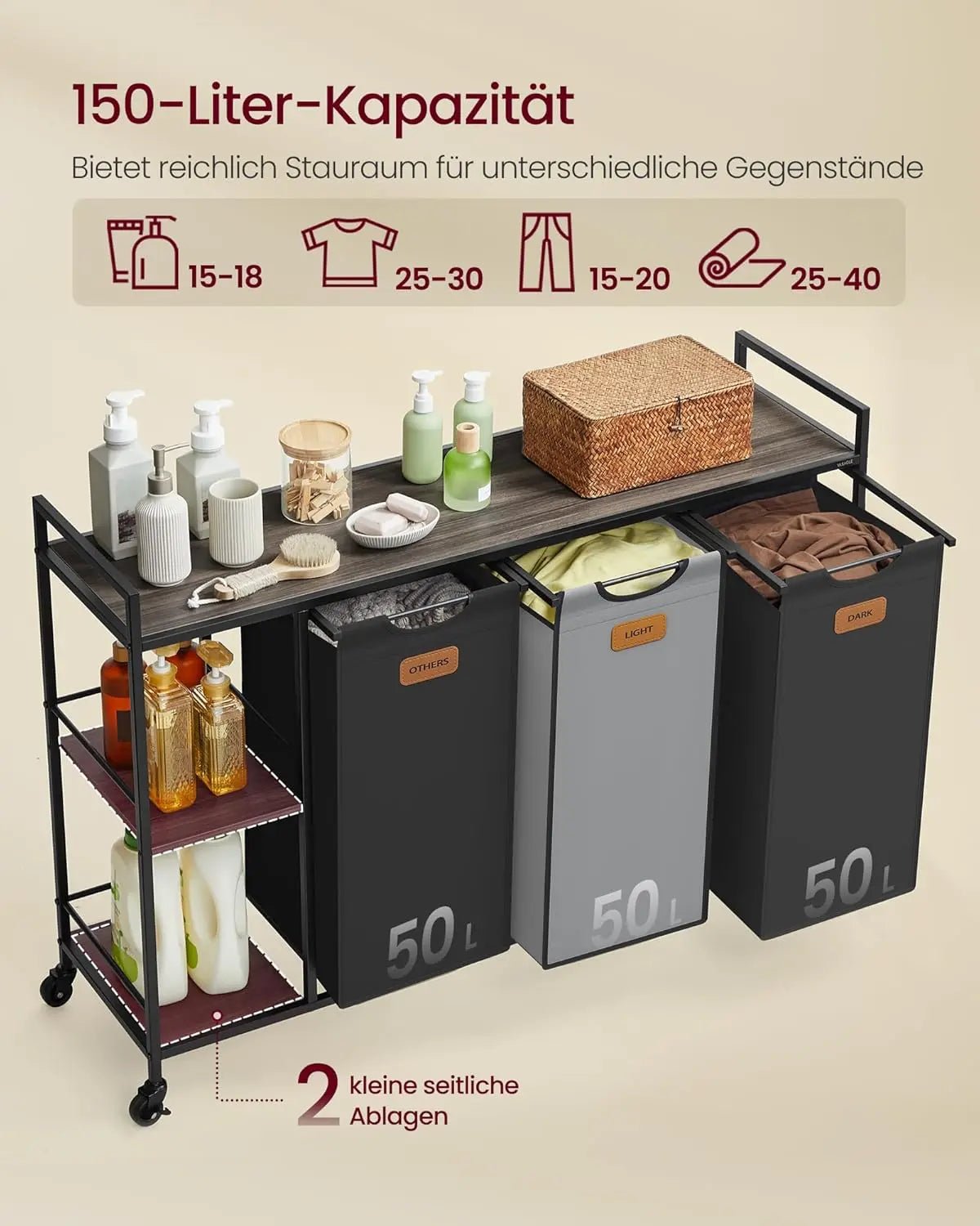 Wäschesortierer rollbar 150L 3-Fächer mehrfarbig von Songmics