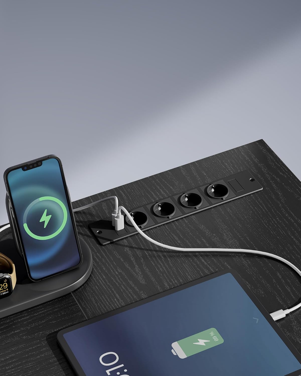 Eckschreibtisch LED USB Schwarz Holz von Songmics