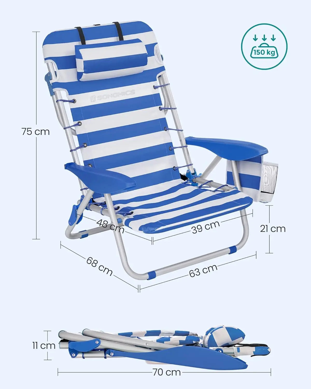 Campingstuhl faltbar verstellbar Blau Polyester von Songmics