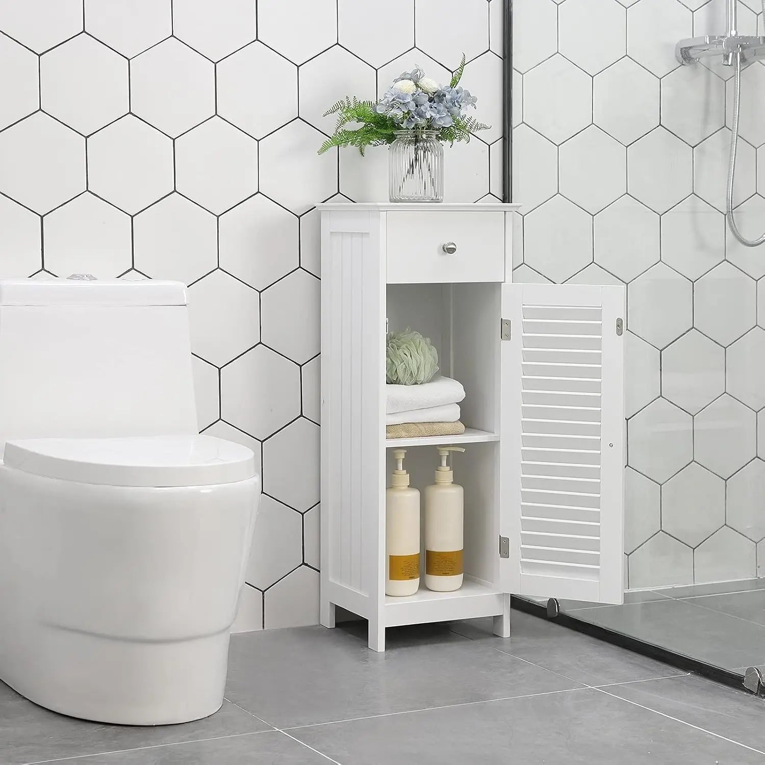 Badezimmerschrank mit Schublade Lamellentür Weiss von Songmics