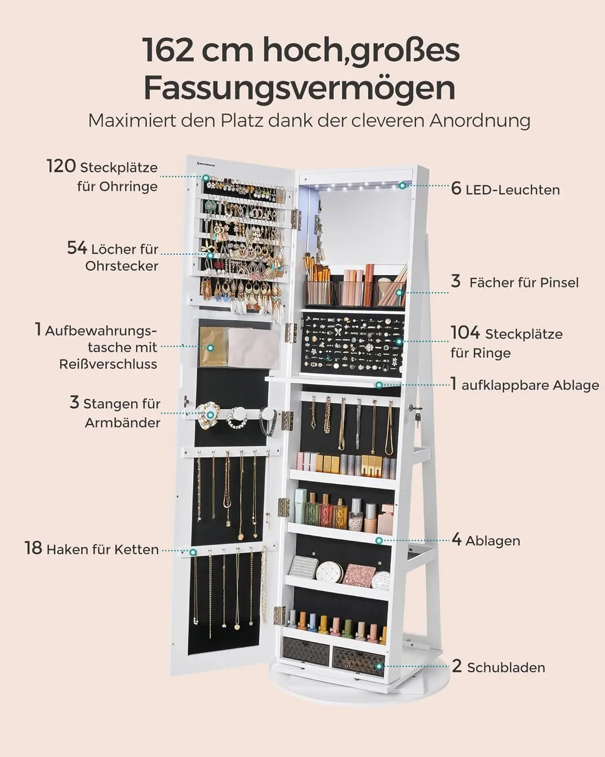 Schmuckschrank abschließbar 360° drehbar weiss von Songmics