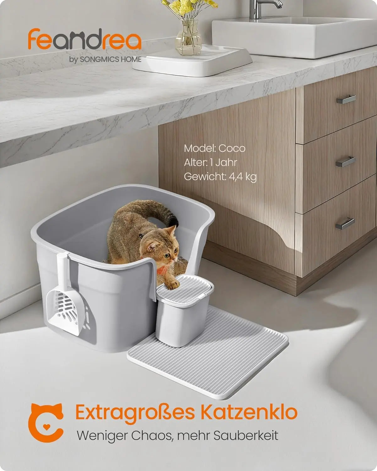 Katzentoilette extragross Mehrkatzenhaushalte Taubengrau Kunststoff von Songmics