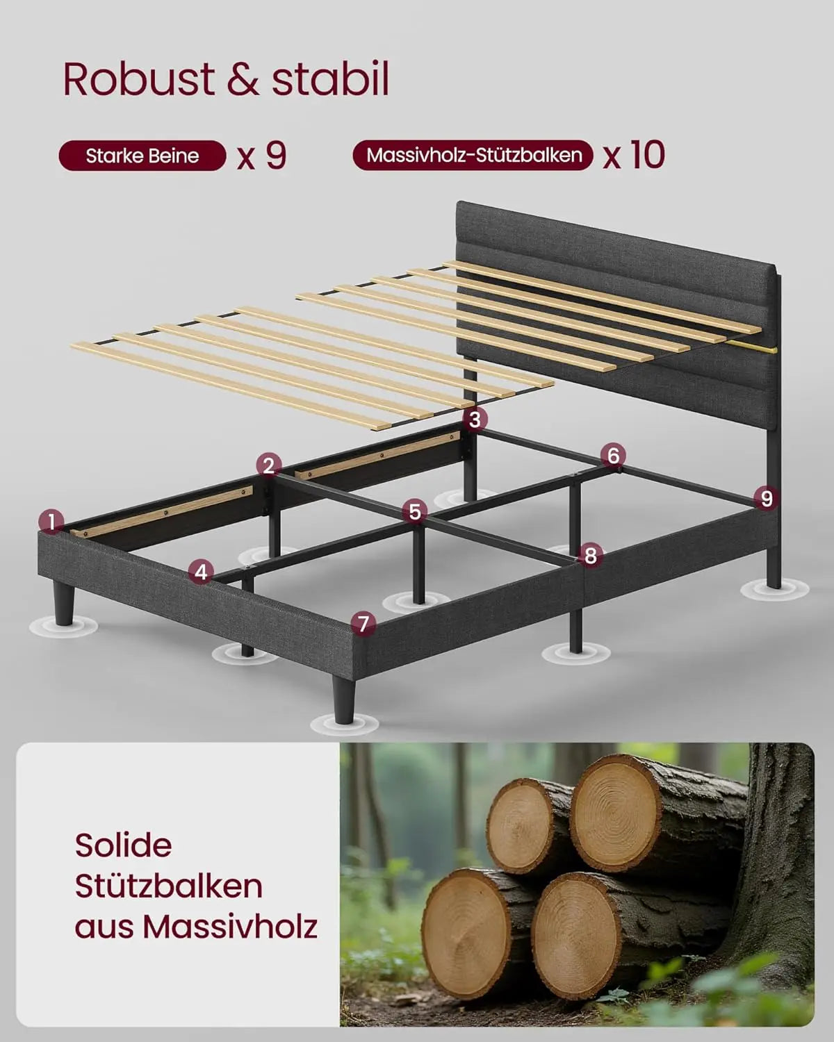 Polsterbett 140x200 verstellbar schiefergrau Massivholz von Songmics