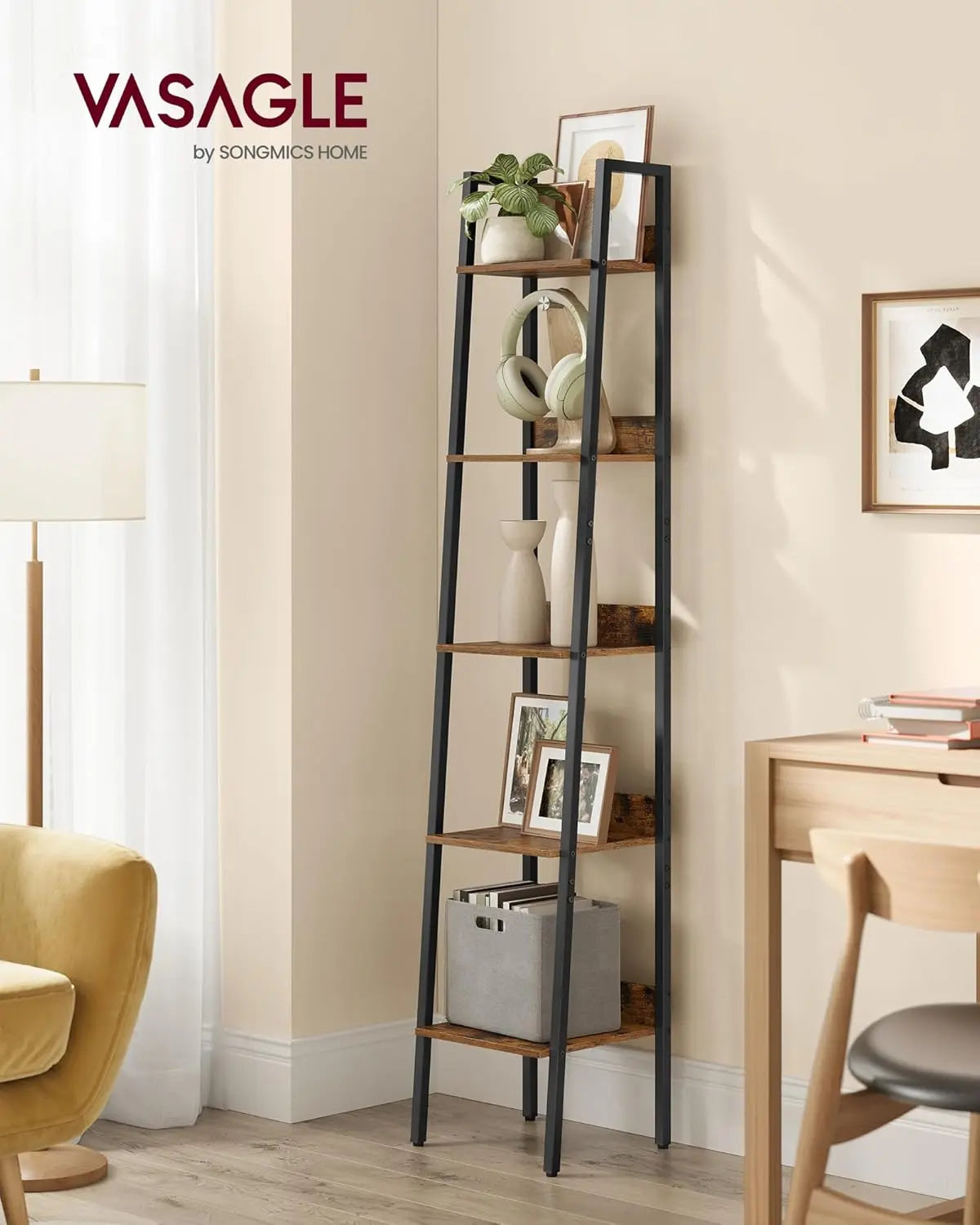 Bücherregal Leiterregal Industrie-Design Vintagebraun von Songmics