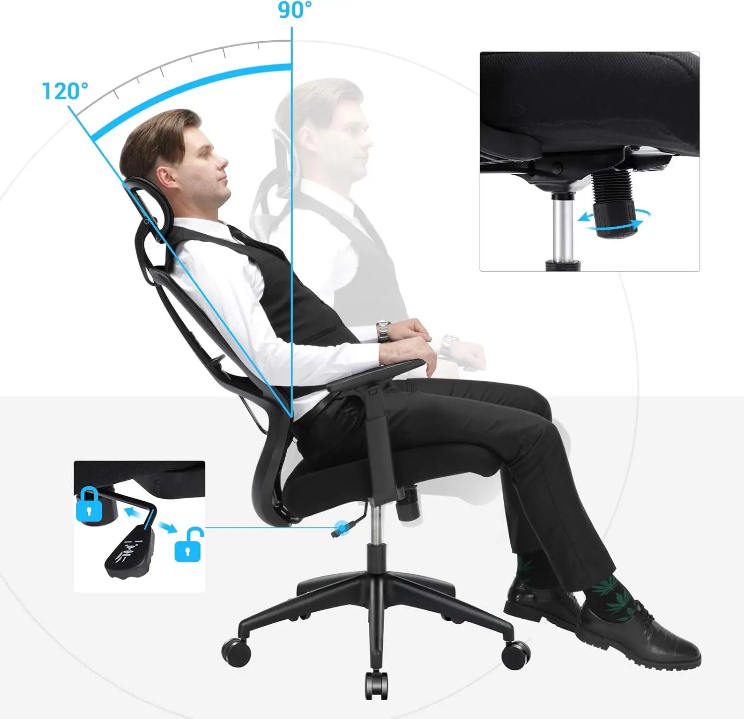 Bürostuhl Ergonomisch Verstellbar Lendenwirbelstütze Kopfstütze Schwarz von Songmics