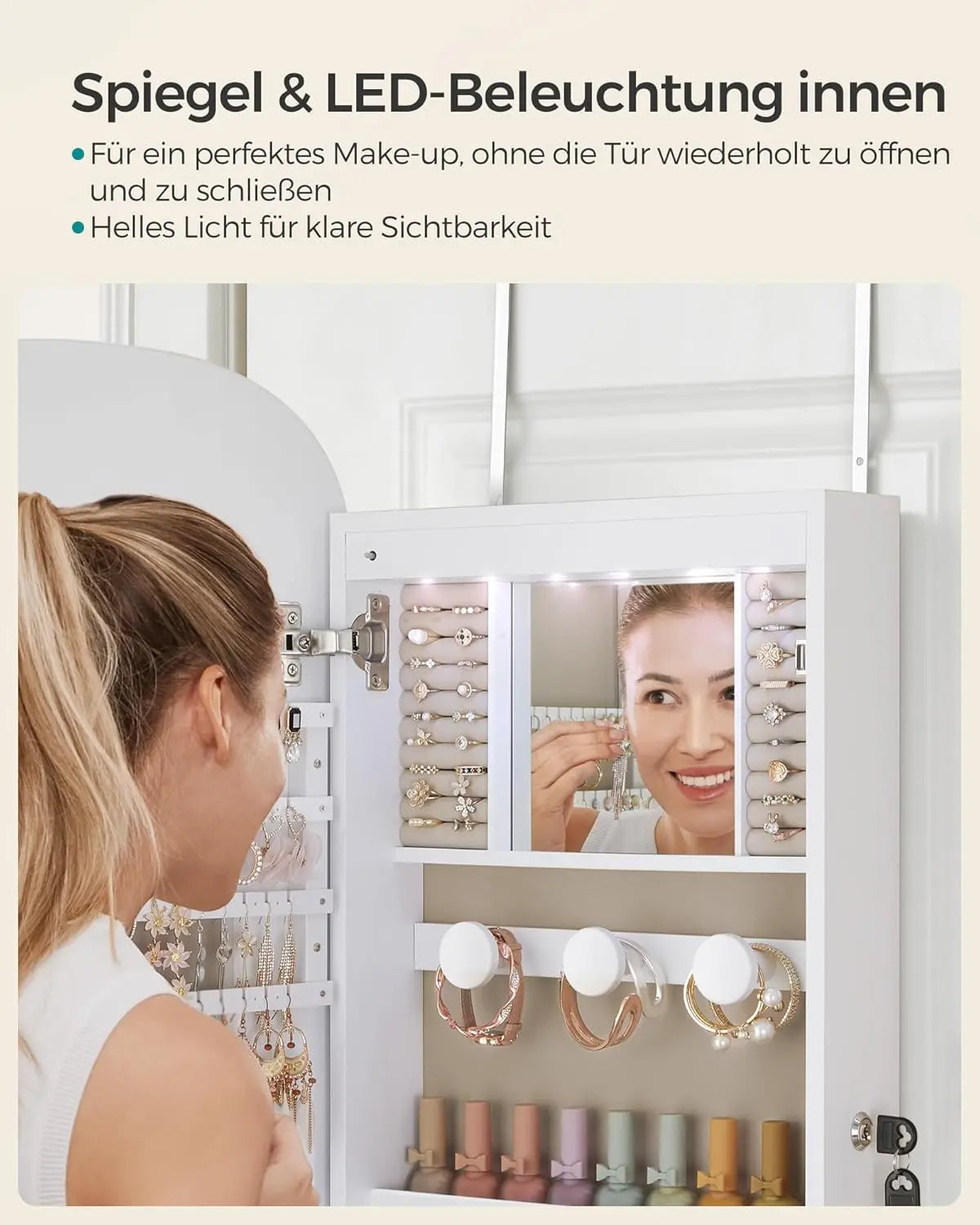 Schmuckschrank Spiegelschrank LED Beleuchtung abschliessbar Weiss von Songmics