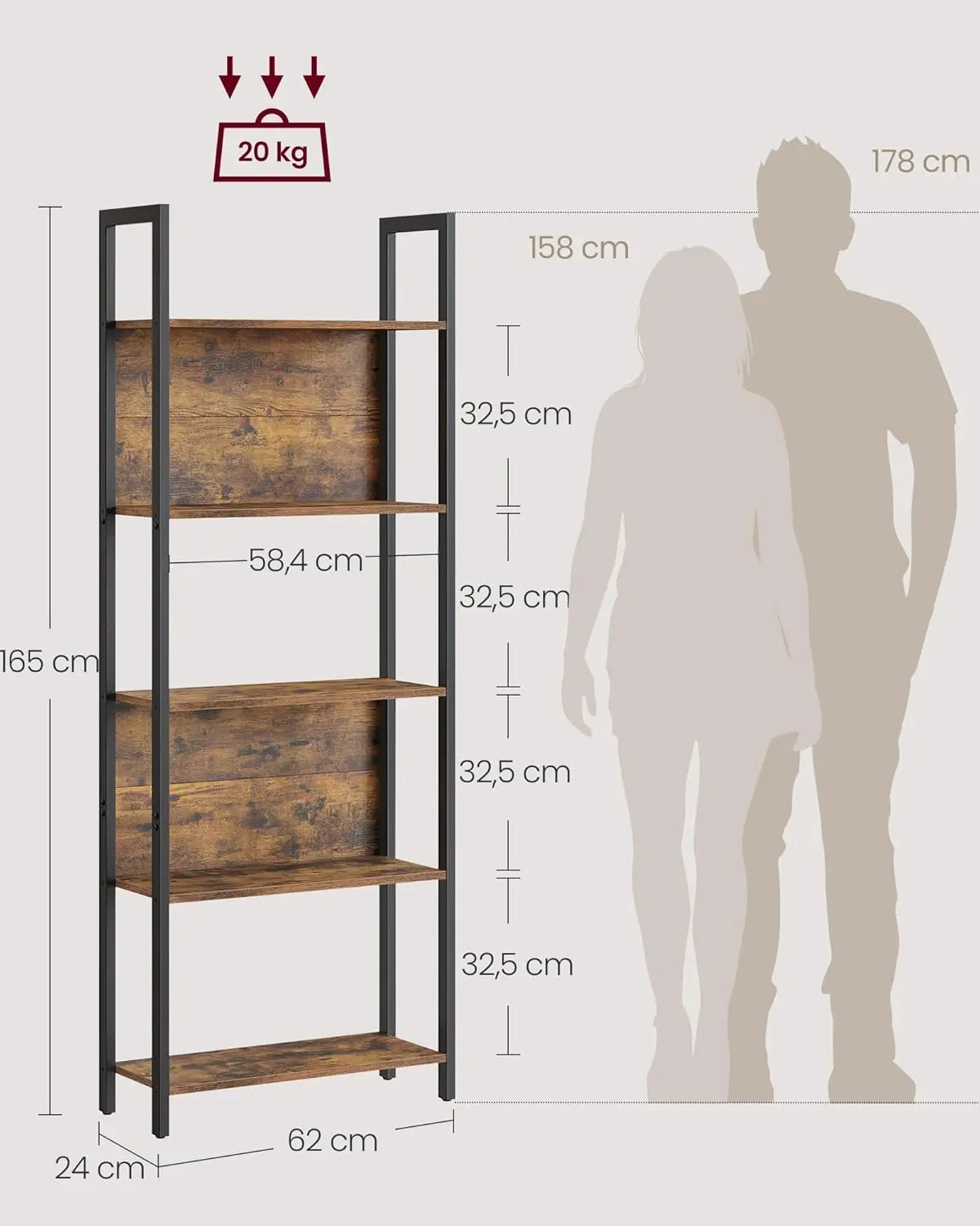 Bücherregal Industrie-Design mit Stahlgestell Vintagebraun von Songmics