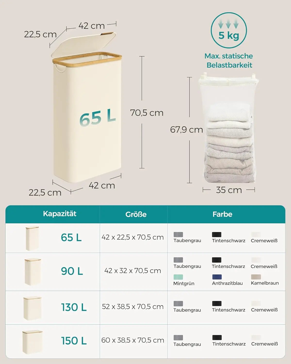 Wäschekorb 65L Bambus cremeweiss Oxford von Songmics