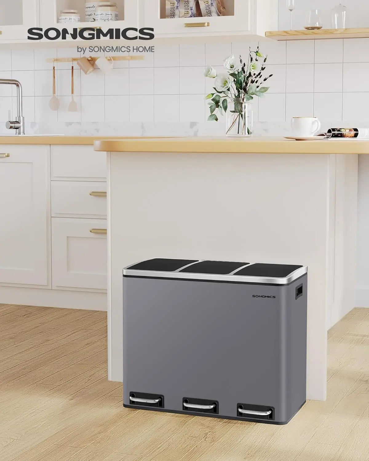 Treteimer 3-Fach 54L mattgrau Metall von Songmics