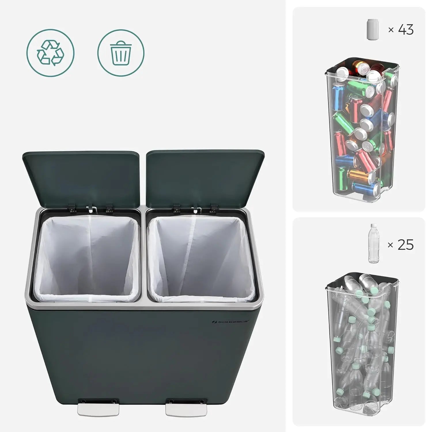 Treteimer 60L Mülltrennsystem grüngrau Metall von Songmics