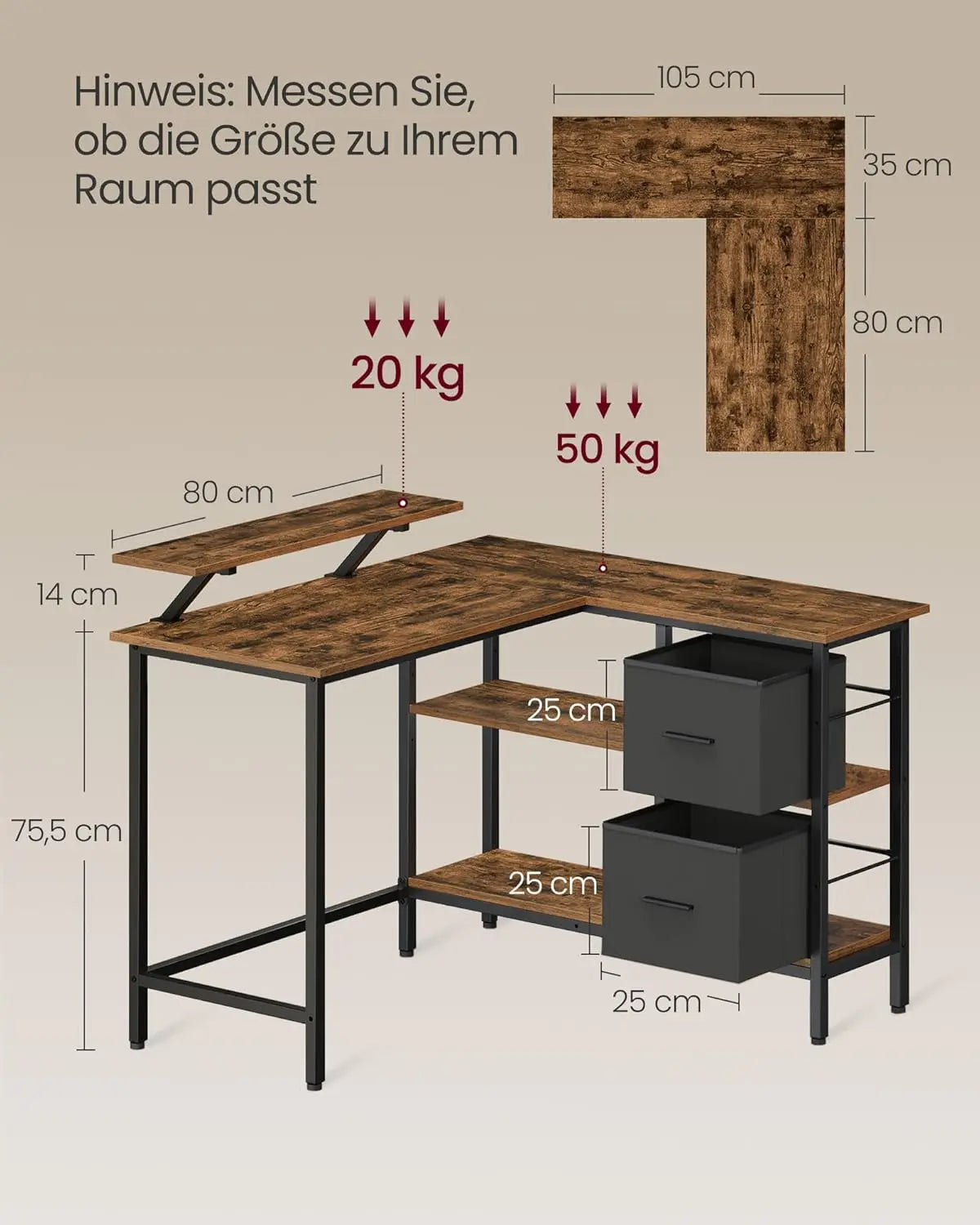 L-Schreibtisch mit Schubladen vintage braun von Songmics