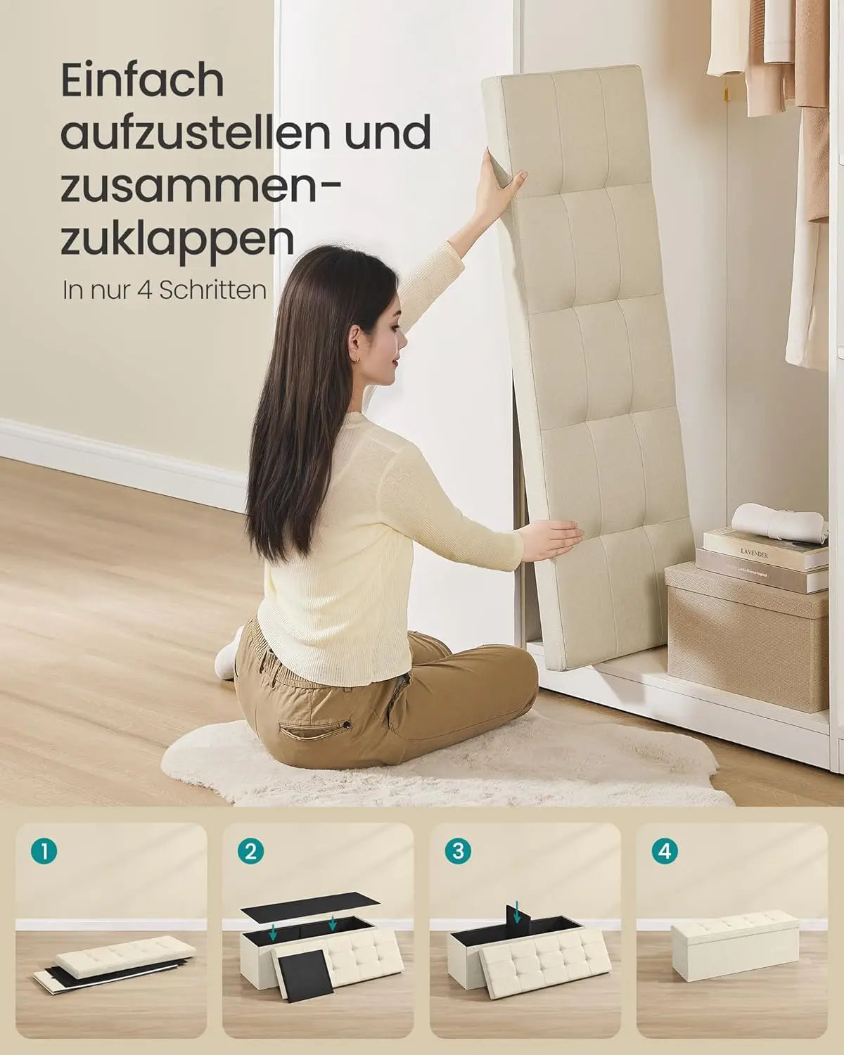 Sitzbank klappbar Stauraum cremeweiss Leinen von Songmics