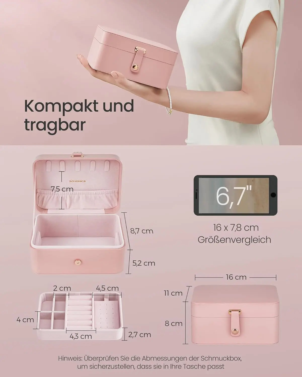 Schmuckkästchen Reise 2-Ebenen pastellrosa von Songmics