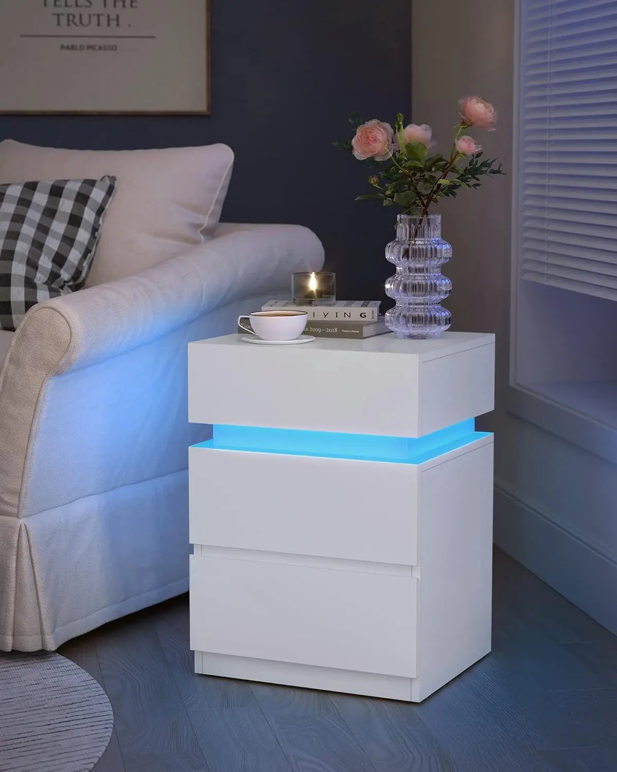Nachttisch LED-Beleuchtung 3 Schubladen Weiss von Songmics