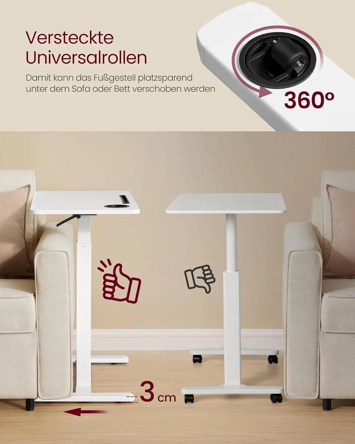 Stehtisch höhenverstellbar mit Rollen 80 x 45 cm weiss von Songmics