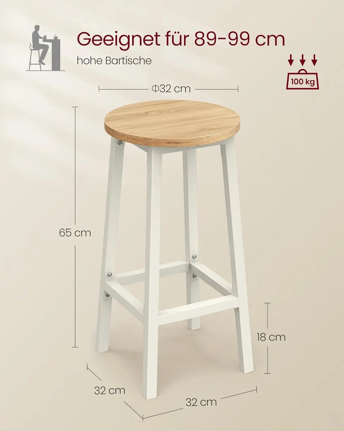 Barhocker 2er-Set Metallgestell Eichenbeige-Weiss von Songmics