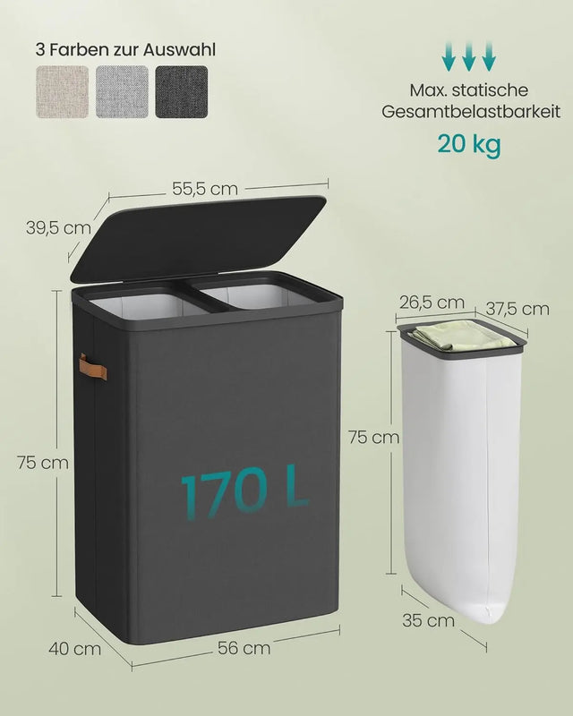 Wäschekorb 170L 2 Fächer Deckel Tintenschwarz von Songmics