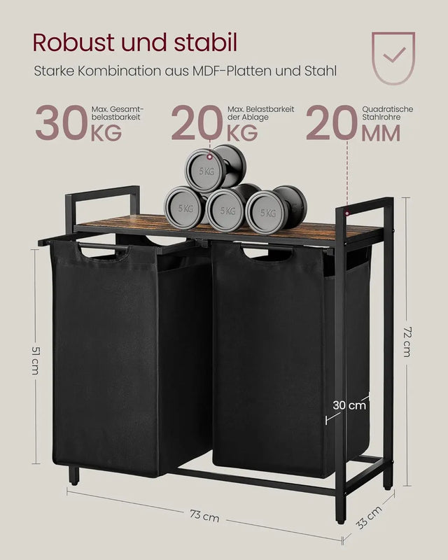 Wäschekorb mit 2 Fächern Ablage, tintenschwarz-vintagebraun von Songmics