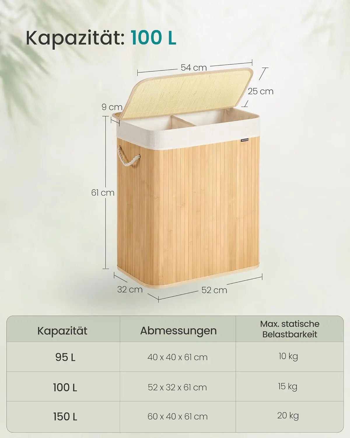 Wäschekorb 100L Bambus 2-Fächer naturfarben von Songmics