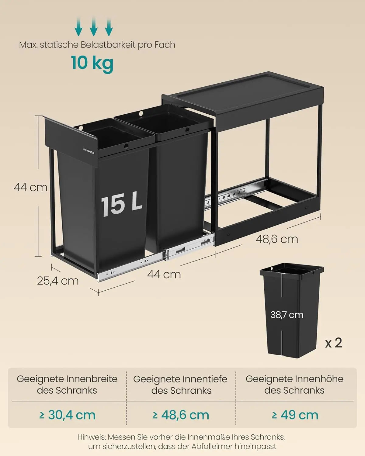 Mülltrennsystem ausziehbar 2x15L schwarz Stahl von Songmics