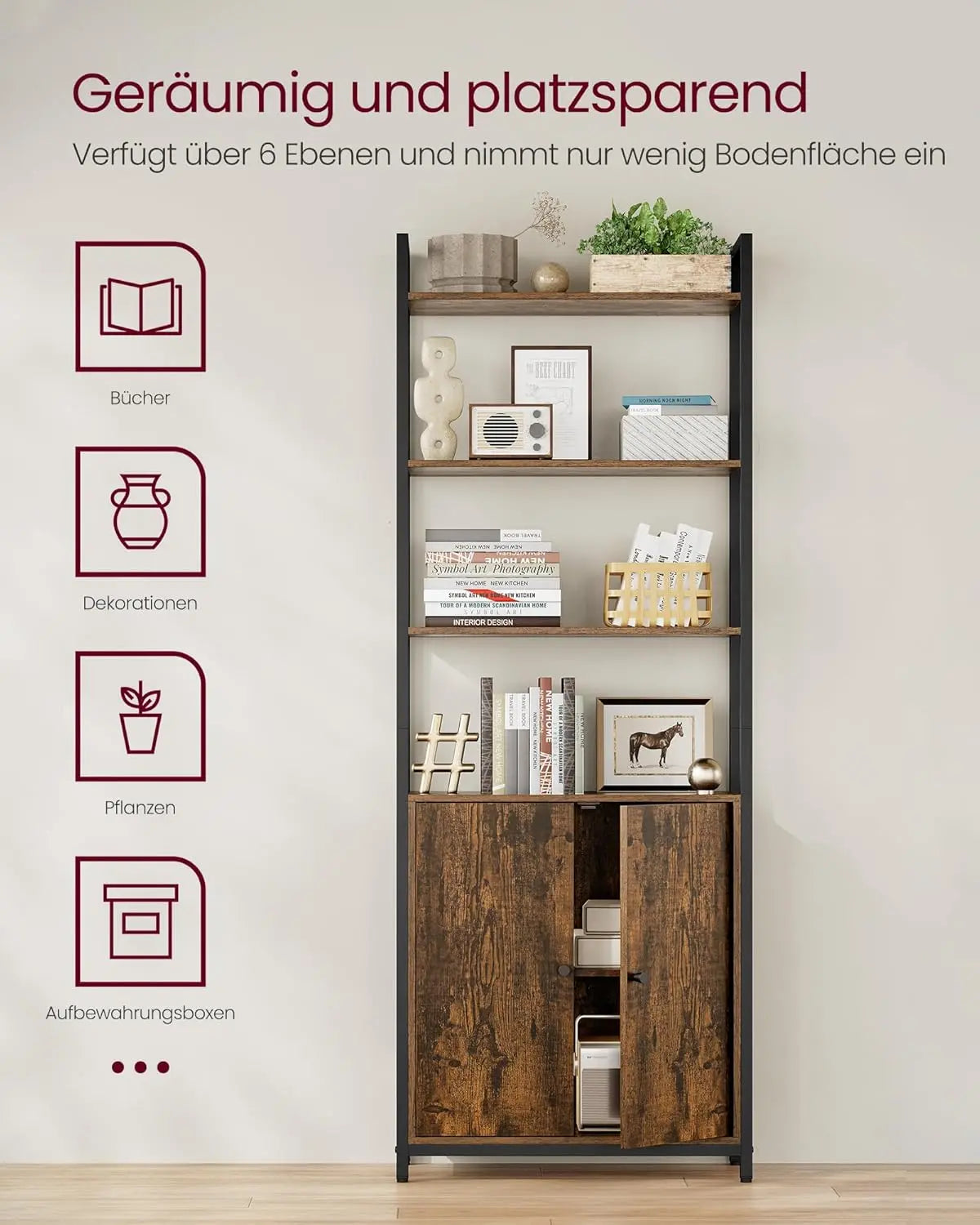Bücherregal Standregal Metallrahmen Verstellbar Vintagebraun von Songmics