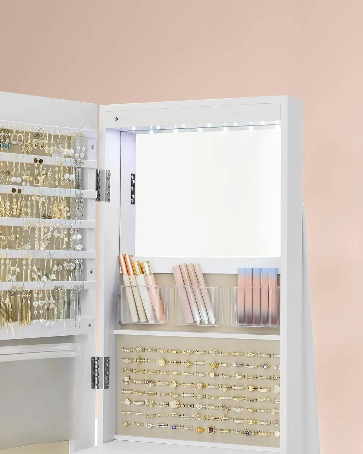 Schmuckschrank drehbar Spiegel weiss Holz von Songmics