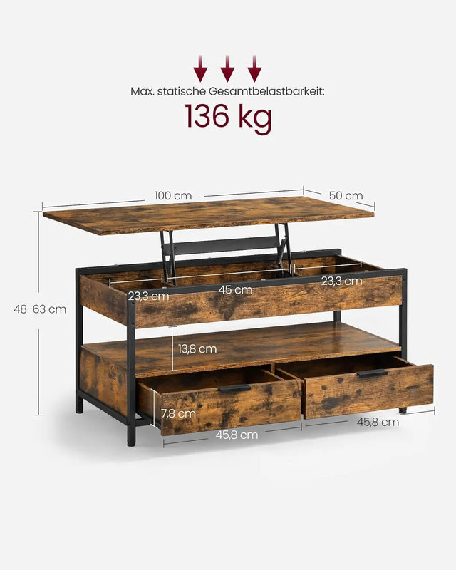 Couchtisch Höhenverstellbar Schubladen Vintagebraun Tintenschwarz von Songmics