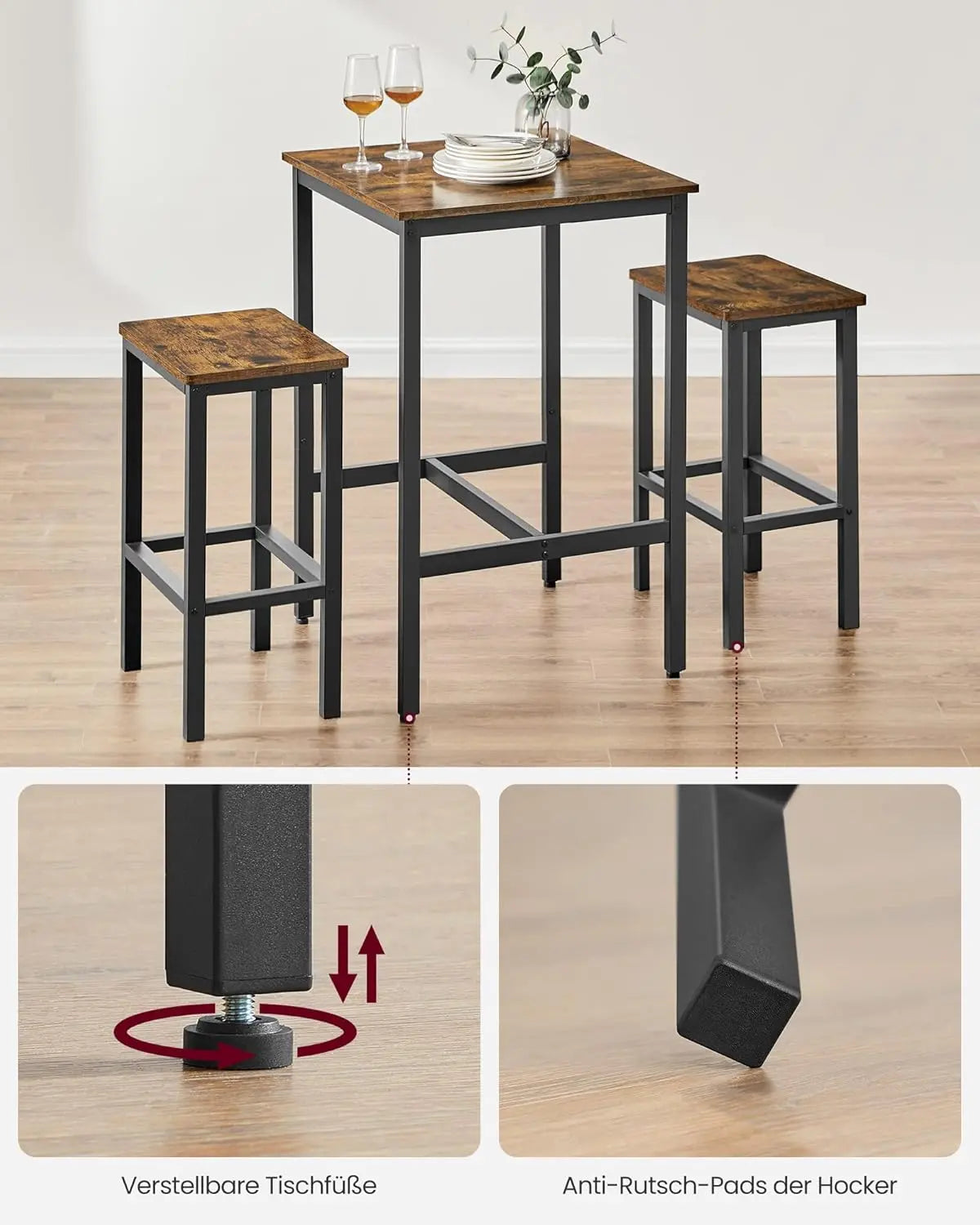 Bartisch-Set mit Barhockern, vintagebraun-tintenschwarz von Songmics
