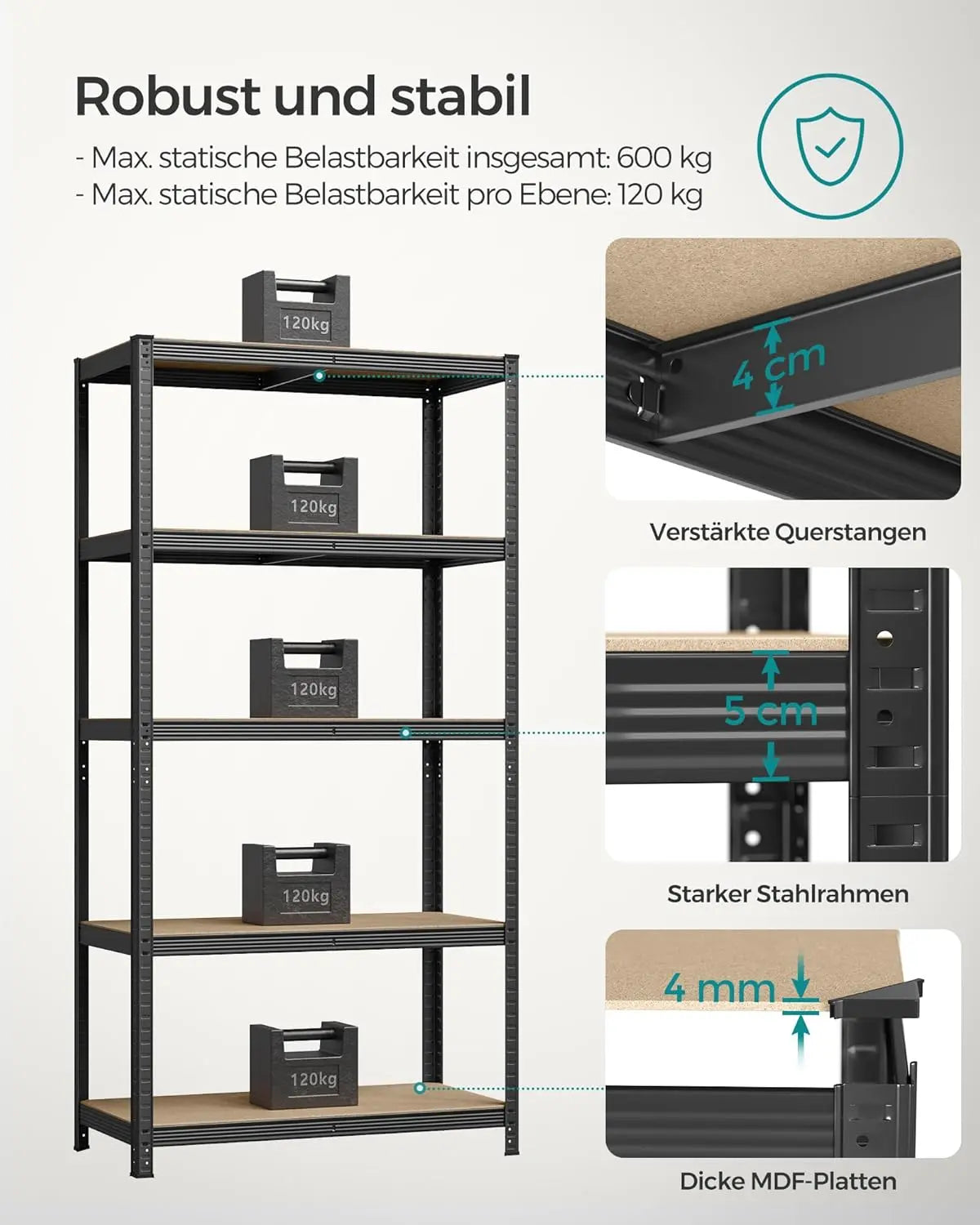 Schwerlastregale Stahlgestell Verstellbare Ablagen, 50 x 100 x 200 cm, Schwarz von Songmics