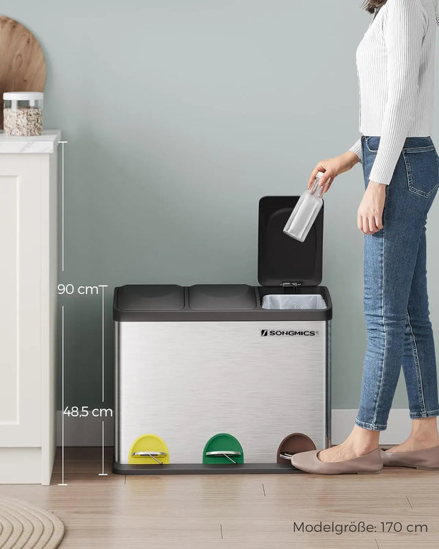 Mülleimer Küche 3-Fächer Treteimer Silber-Schwarz von Songmics