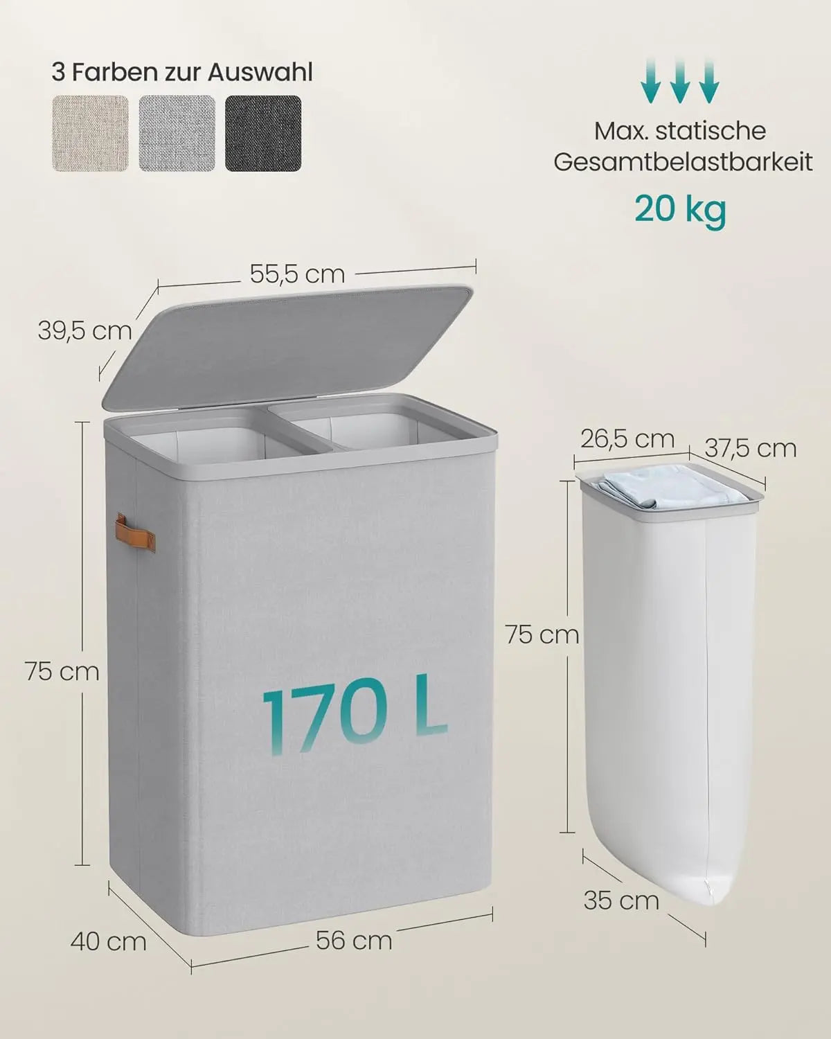 Wäschekorb 170L 2 Fächer Leicht Taubengrau von Songmics