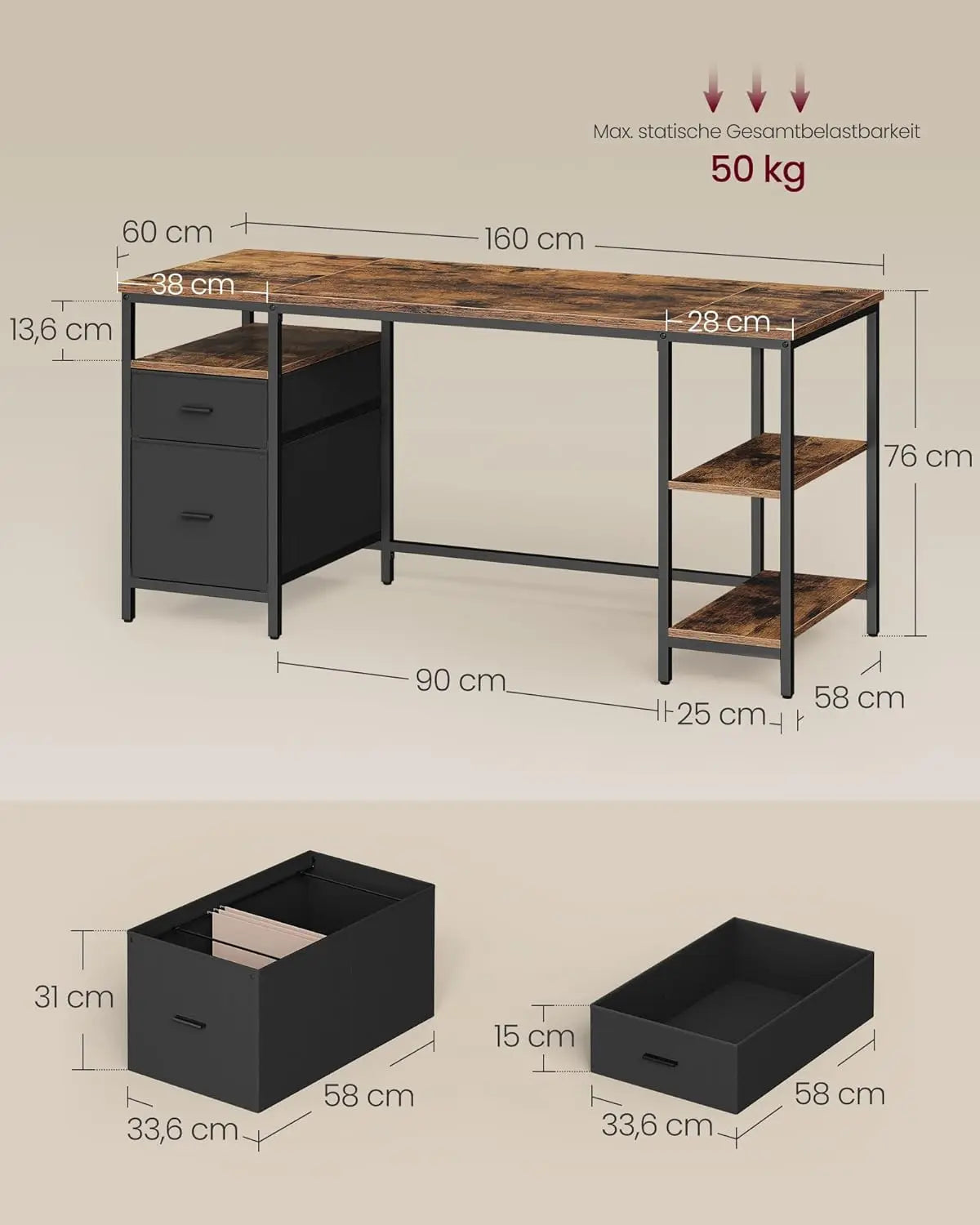 Schreibtisch 160cm Ablagen vintagebraun Holz von Songmics
