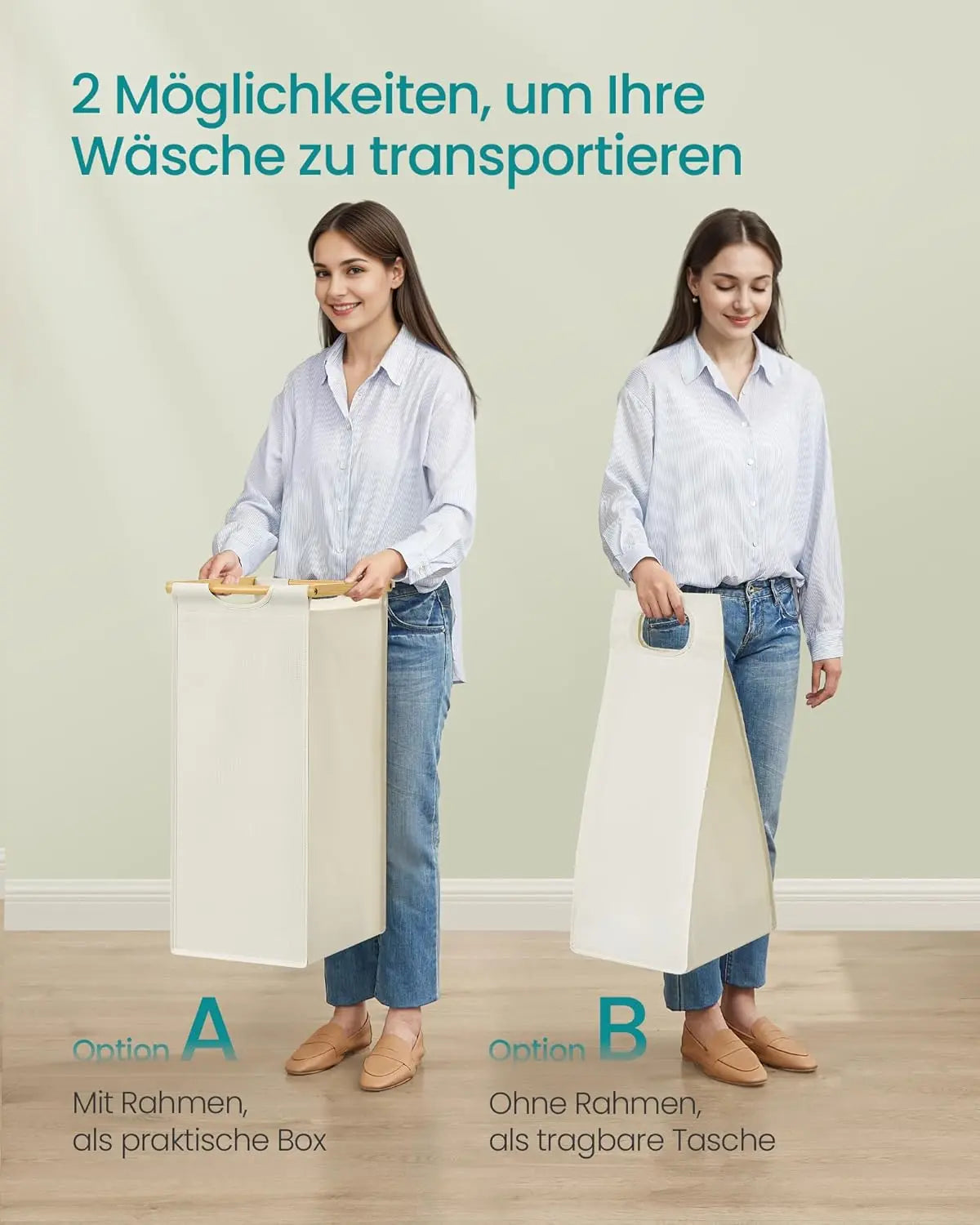 Wäschekorb Bambus 3 Fächer Cremeweiss von Songmics