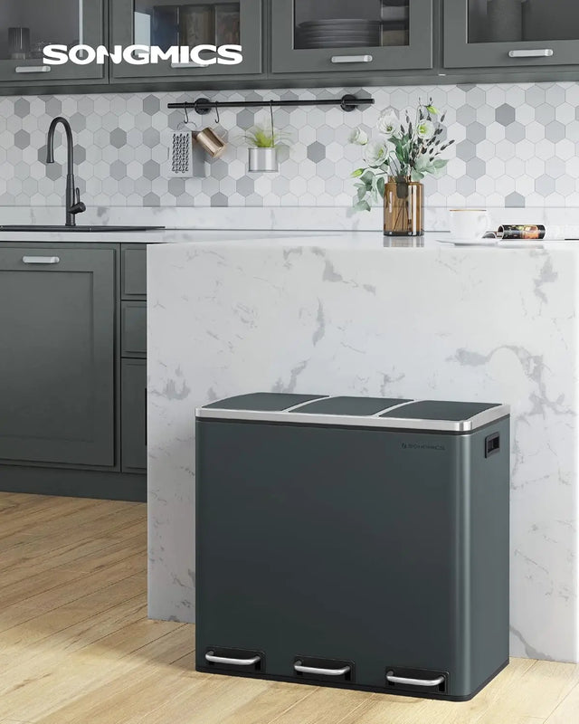 Mülleimer Küche Mülltrennsystem 3 Fächer Grüngrau von Songmics