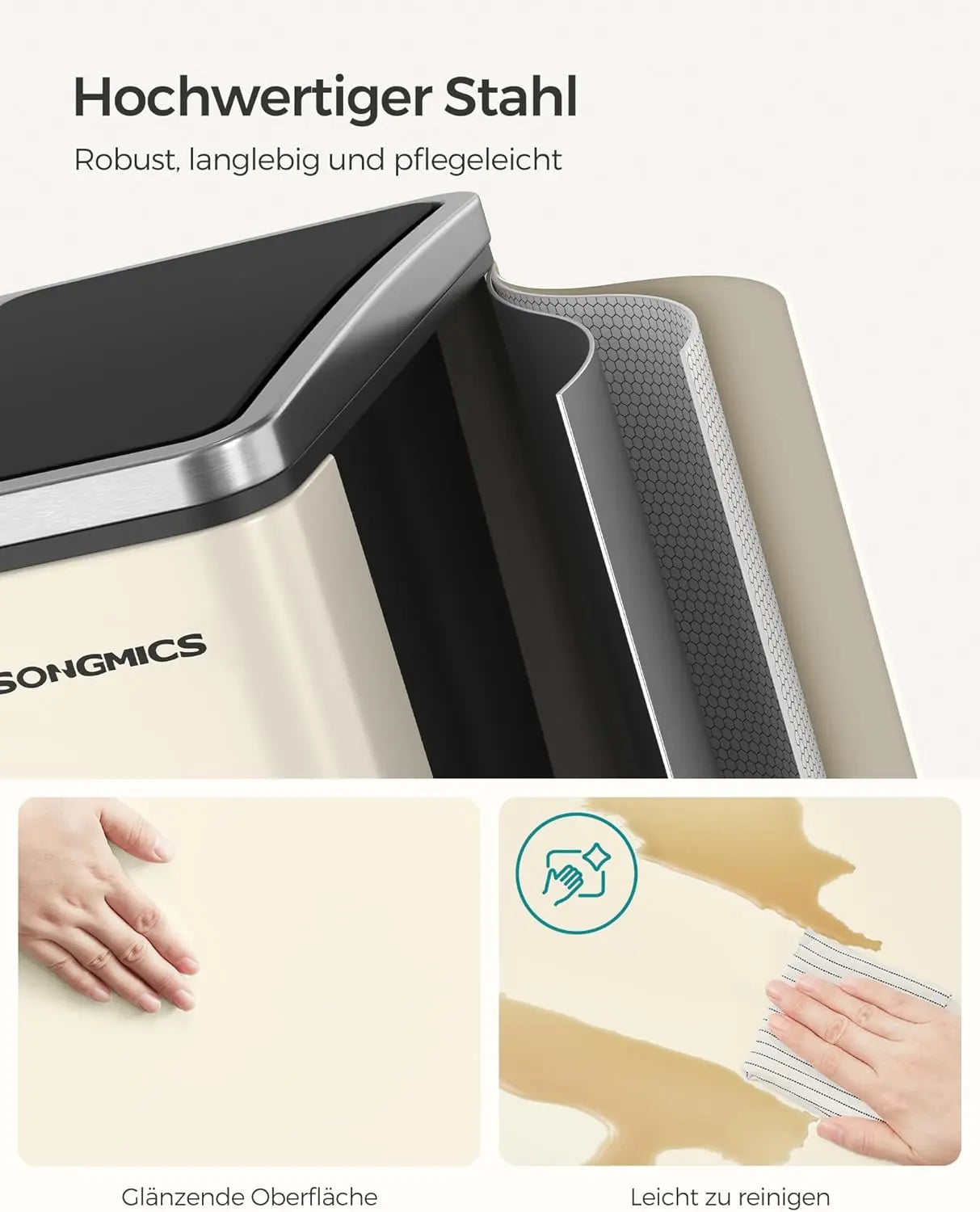 Treteimer 3-Fach 54L sandbeige Kunststoff von Songmics