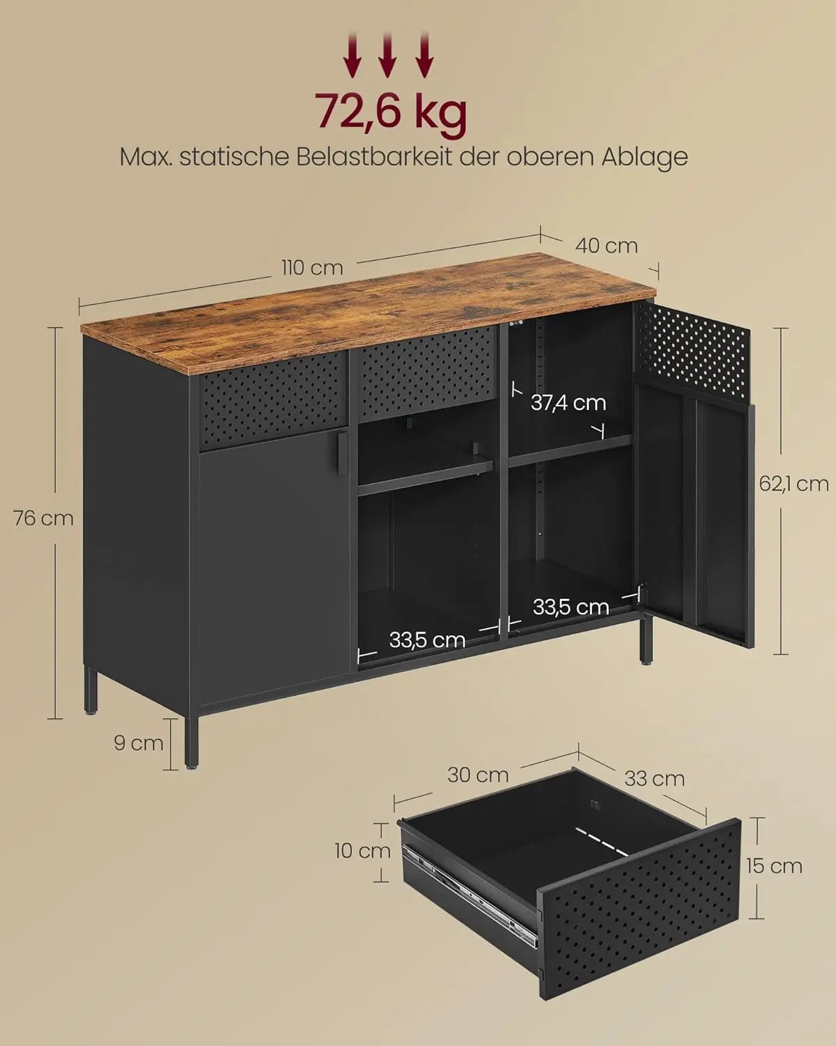 Metallschrank Doppeltür Magnetverschluss Vintagebraun Stahl von Songmics