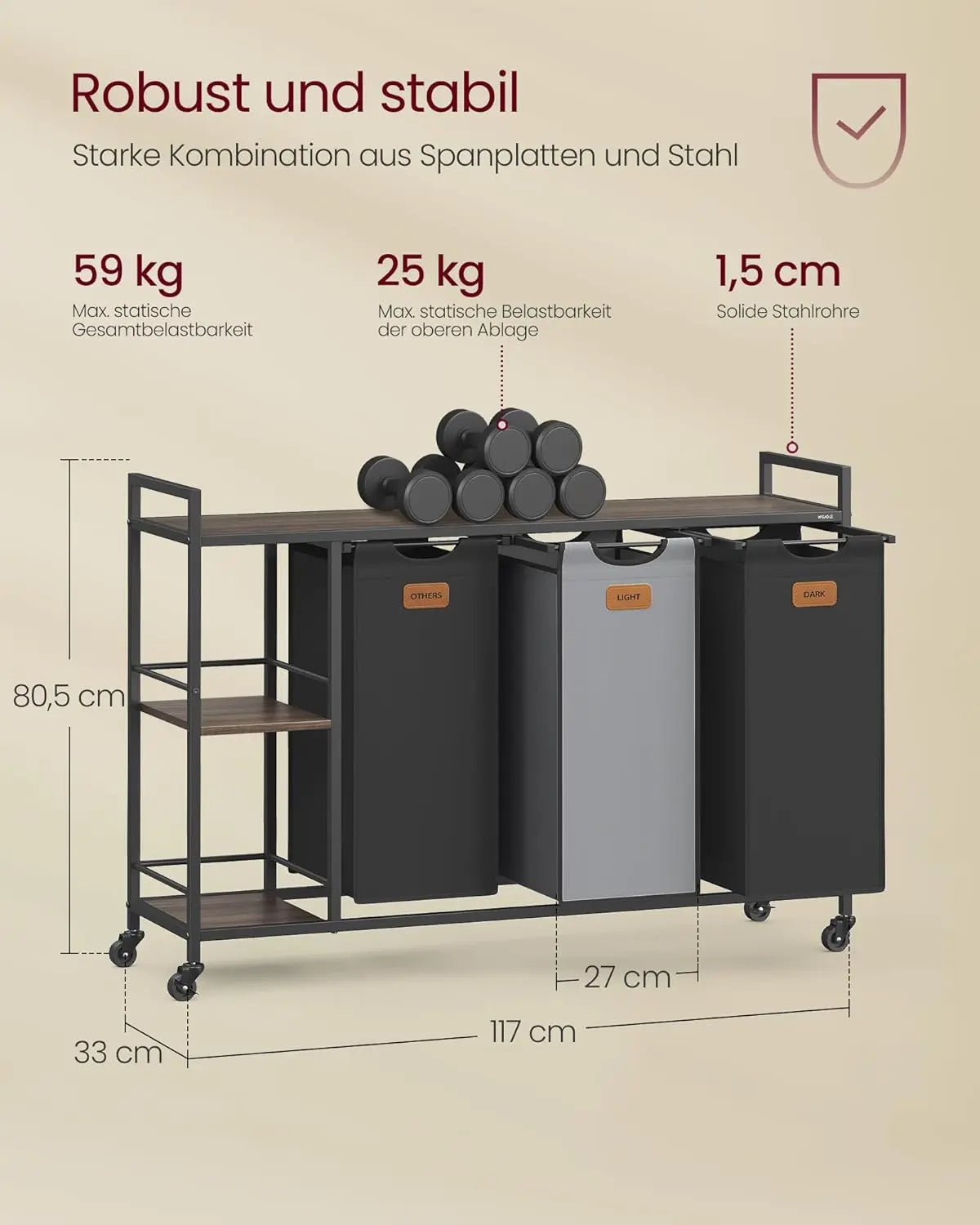 Wäschesortierer rollbar 150L 3-Fächer mehrfarbig von Songmics