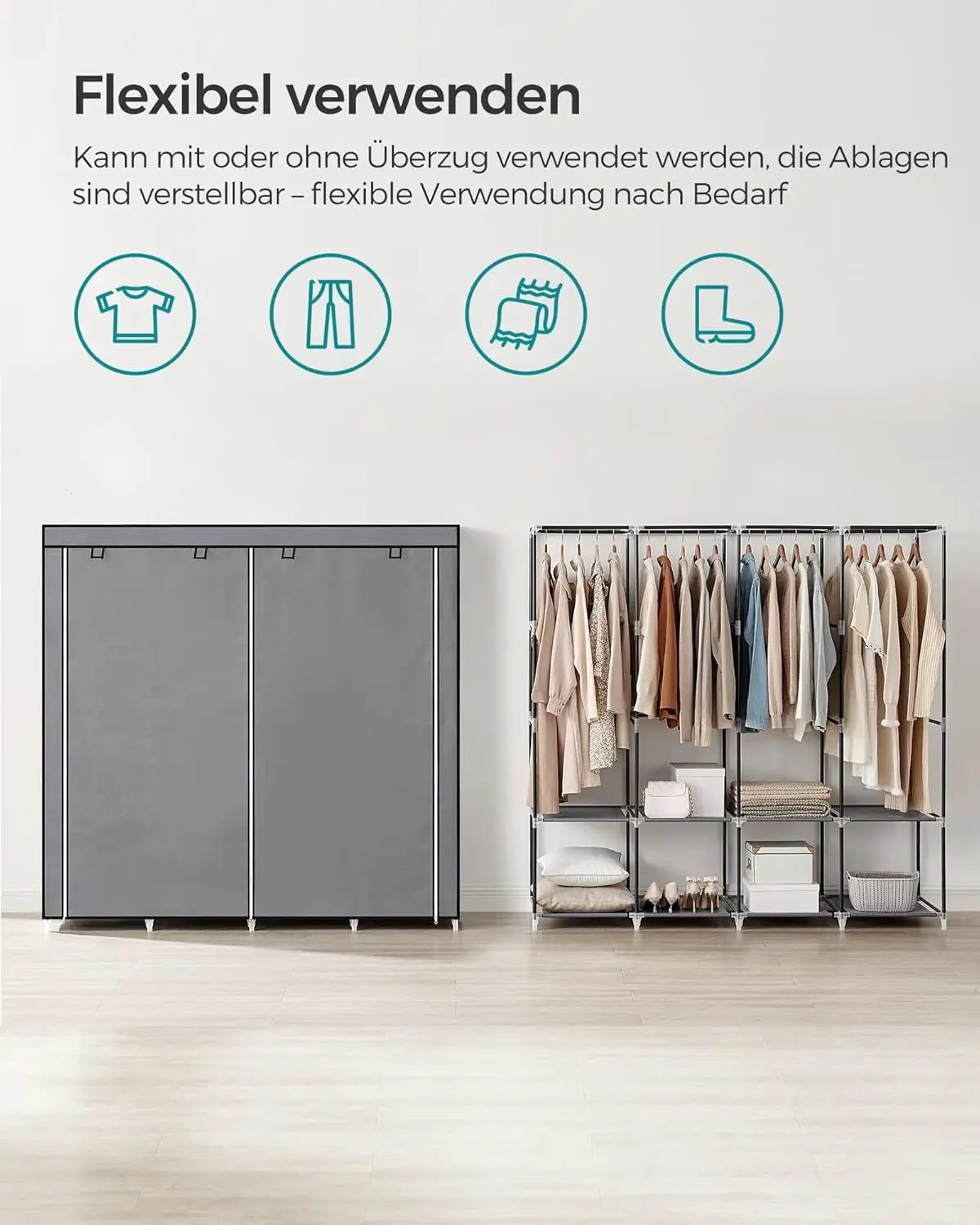 Stoffschrank 170cm grau 4 Hängefächer von Songmics