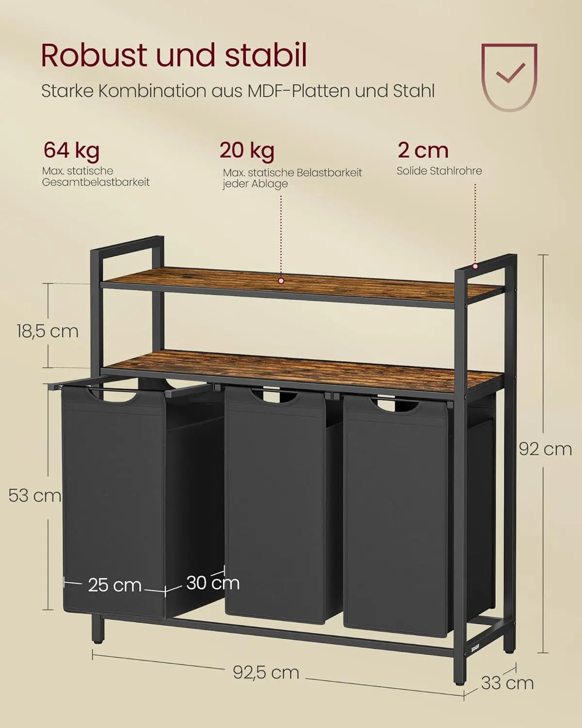 Wäschekorb 3-Fächer ausziehbar schwarz vintagebraun von Songmics