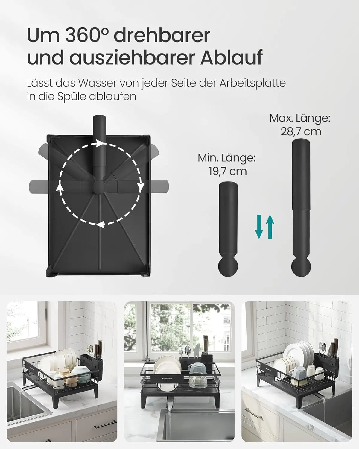 Geschirr-Abtropfgestell drehbar schwarz Kunststoff von Songmics
