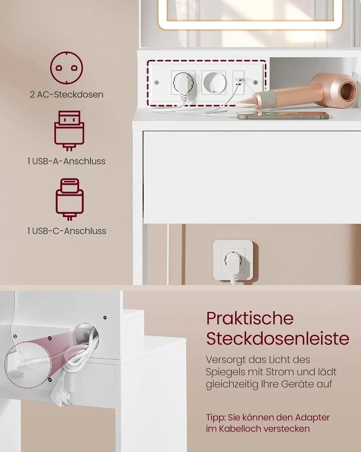 Schminktisch LED-Spiegel Steckdose weiss Holz von Songmics