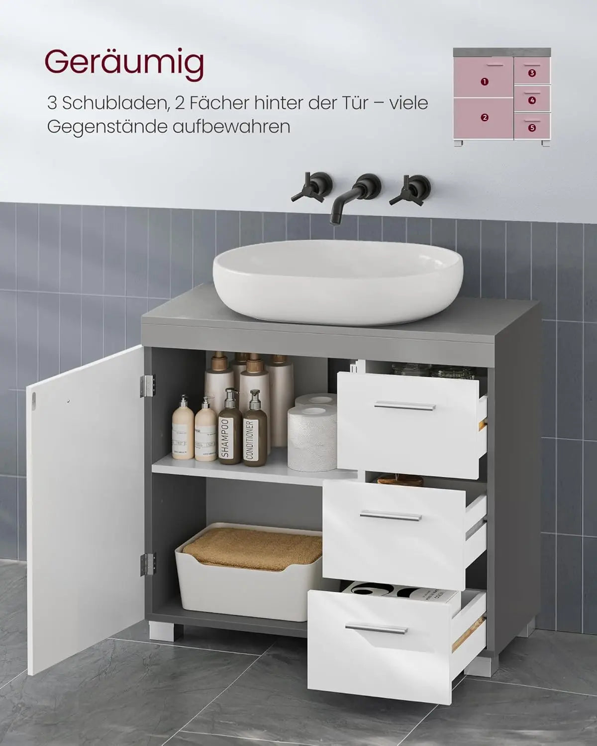 Badezimmerschrank 3 Schubladen Wolkenweiss Zementgrau von Songmics